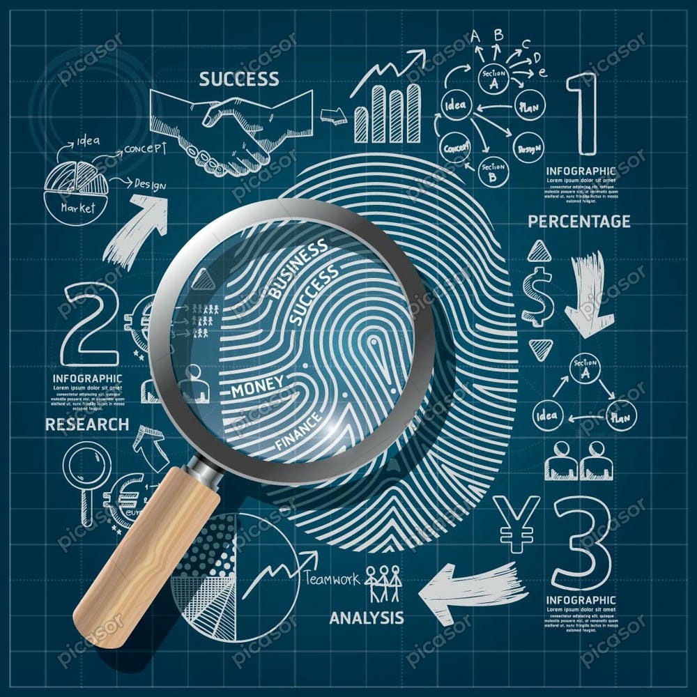 وکتور ذره بین روی اثر انگشت با آیکون های مدیریت وکتور ذره بین روی اثر انگشت با آیکون های مدیریت