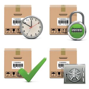 4 وکتور جعبه های کارتن با نمادهای زمان، امنیت