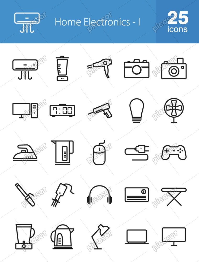 25 وکتور آیکون لوازم الکترونیکی خانگی طرح مینیمال خطی 25 وکتور آیکون لوازم الکترونیکی خانگی طرح مینیمال خطی