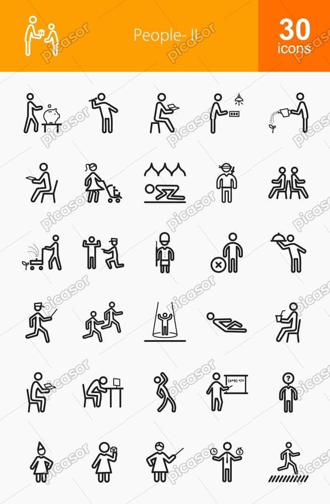 30 وکتور آیکون انسان و فعالیتهای روزمره طرح مینیمال خطی 30 وکتور آیکون انسان و فعالیتهای روزمره طرح مینیمال خطی
