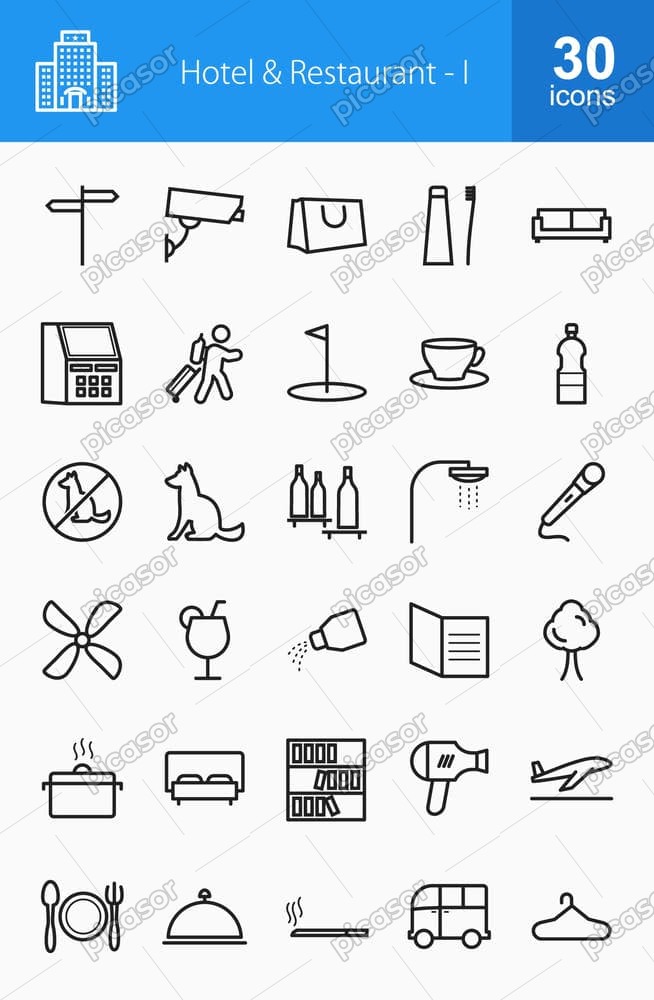 30 وکتور آیکون هتل و رستوران طرح مینیمال خطی 30 وکتور آیکون هتل و رستوران طرح مینیمال خطی