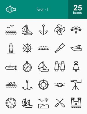 25 وکتور آیکون دریا و دریانوردی طرح مینیمال خطی