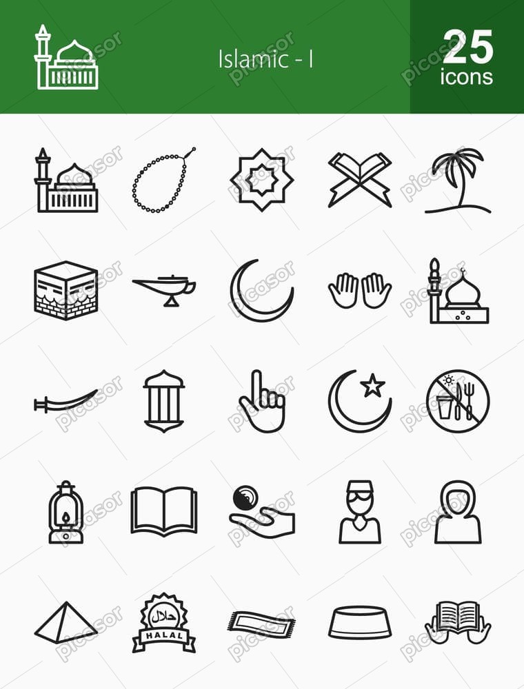 25 وکتور آیکون مذهبی اسلامی طرح مینیمال خطی 25 وکتور آیکون مذهبی اسلامی طرح مینیمال خطی