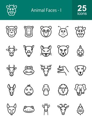 25 وکتور آیکون چهره حیوانات با طراحی خطی مینیمال