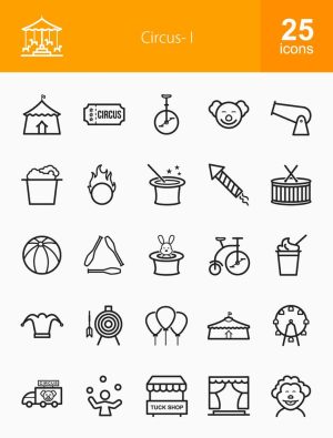 25 وکتور آیکون سیرک و نمایش های سرگرم کننده طرح مینیمال خطی