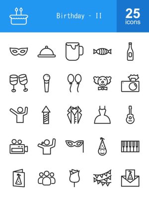 25 وکتور آیکون المانهای جشن تولد طرح مینیمال خطی (سری دوم)