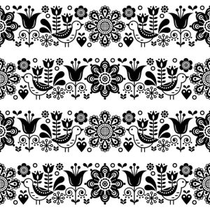 4 وکتور حاشیه الگو طرح گل و بلبل سنتی سیاه سفید – وکتور تزئینی گل و گیاه سنتی برای طراحی گرافیک