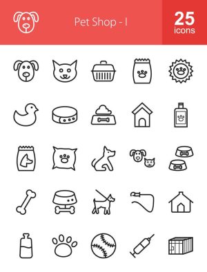 25 وکتور آیکون پت شاپ فروشگاه حیوانات خانگی با طراحی خطی مینیمال