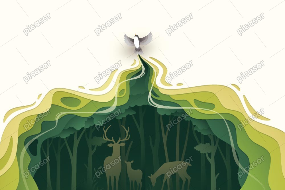 وکتور زمینه جنگل با گوزن و پرنده در حال پرواز وکتور زمینه جنگل با گوزن و پرنده در حال پرواز
