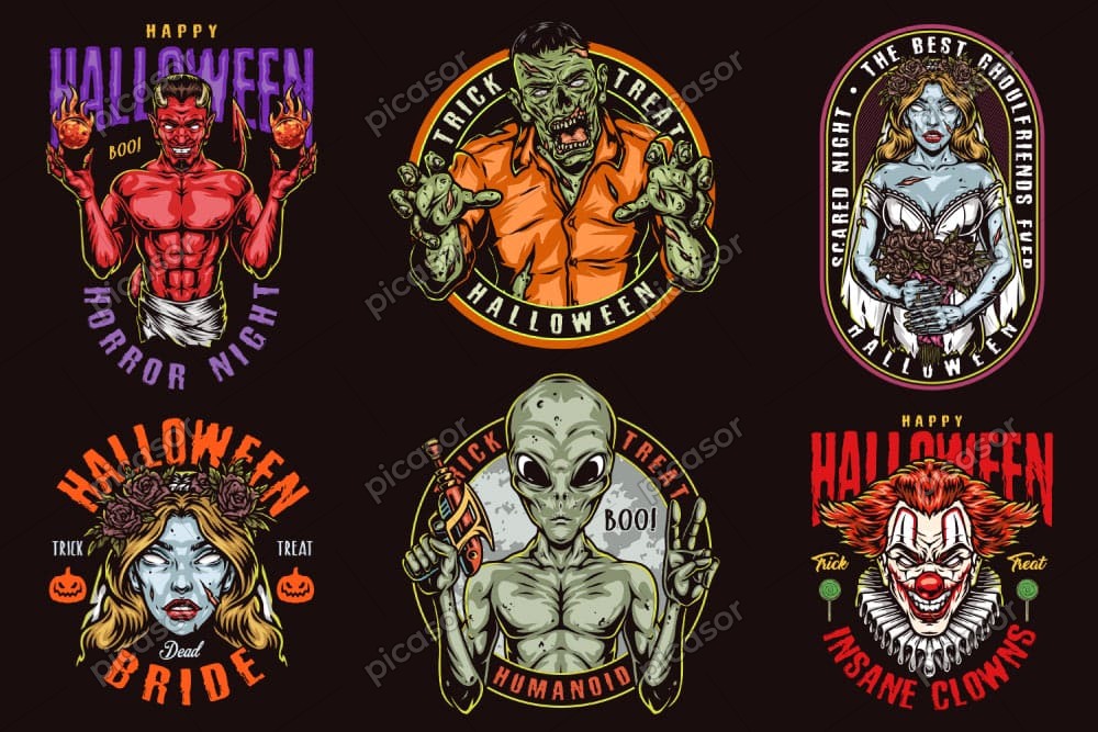 6 طرح وکتور شیطان زامبی عروس مرده بیگانه و دلقک دیوانه طرح استیکر هالووین چاپ تیشرت و پوستر 6 طرح وکتور شیطان زامبی عروس مرده بیگانه و دلقک دیوانه طرح استیکر هالووین چاپ تیشرت و پوستر