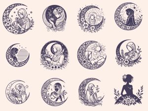 12 وکتور لوگو زن با حجاب و هلال ماه - وکتور لوگو مزون اسلامی