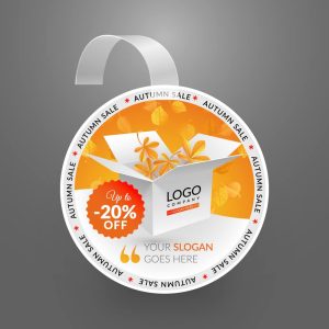 وکتور برچسب آویز تخفیف پاییزی با زمینه برگ های زرد و جعبه - وکتور بنر تخفیف فروش ویژه پاییزی