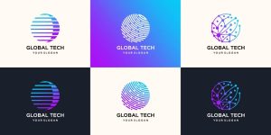 3 وکتور لوگو دایره طرح فناوری و دیجیتال - وکتور لوگو دایره با خط و نقطه مشبک