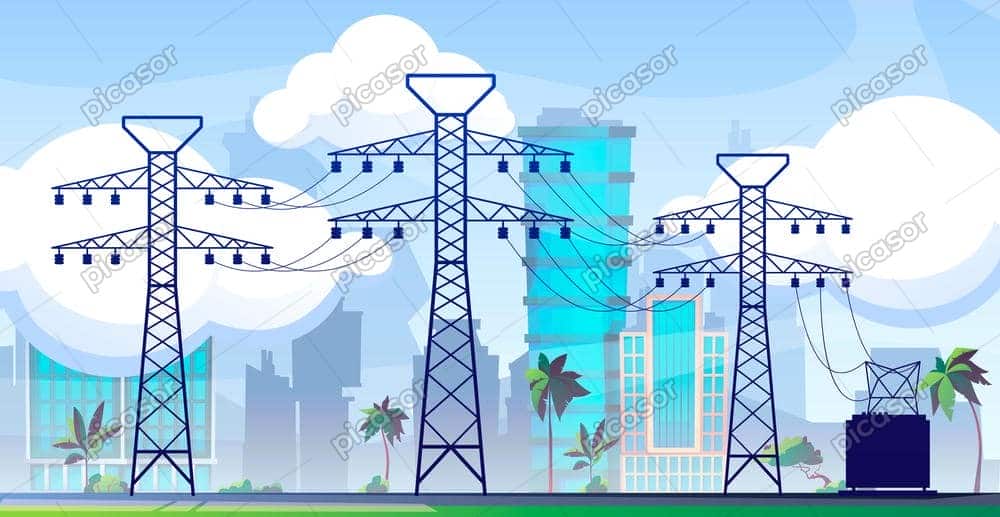 City with High-Tension Power Towers Vector - Vector Power Transmission to the City Background City with High-Tension Power Towers Vector - Vector Power Transmission to the City Background