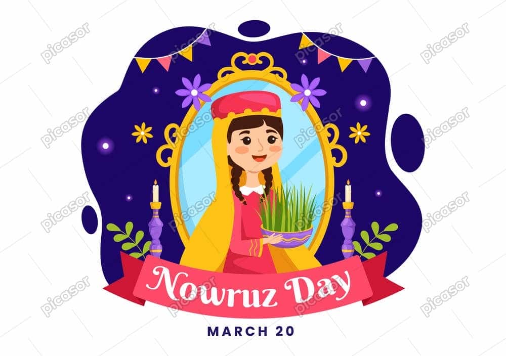 وکتور نوروز با زن محلی و سبزه در دست وکتور نوروز با زن محلی و سبزه در دست