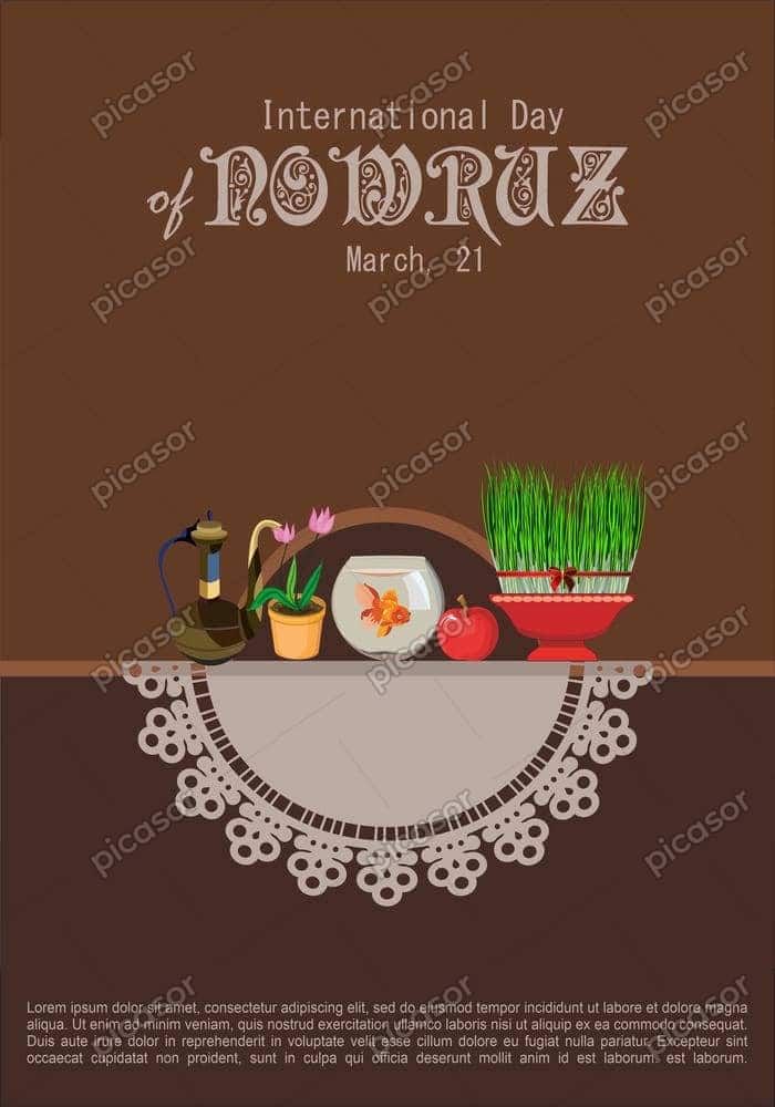 وکتور زمینه سفره هفت سین روی طاقچه - وکتور پس زمینه نوروز با ماهی قرمز و سبزه و سیب قرمز وکتور زمینه سفره هفت سین روی طاقچه - وکتور پس زمینه نوروز با ماهی قرمز و سبزه و سیب قرمز