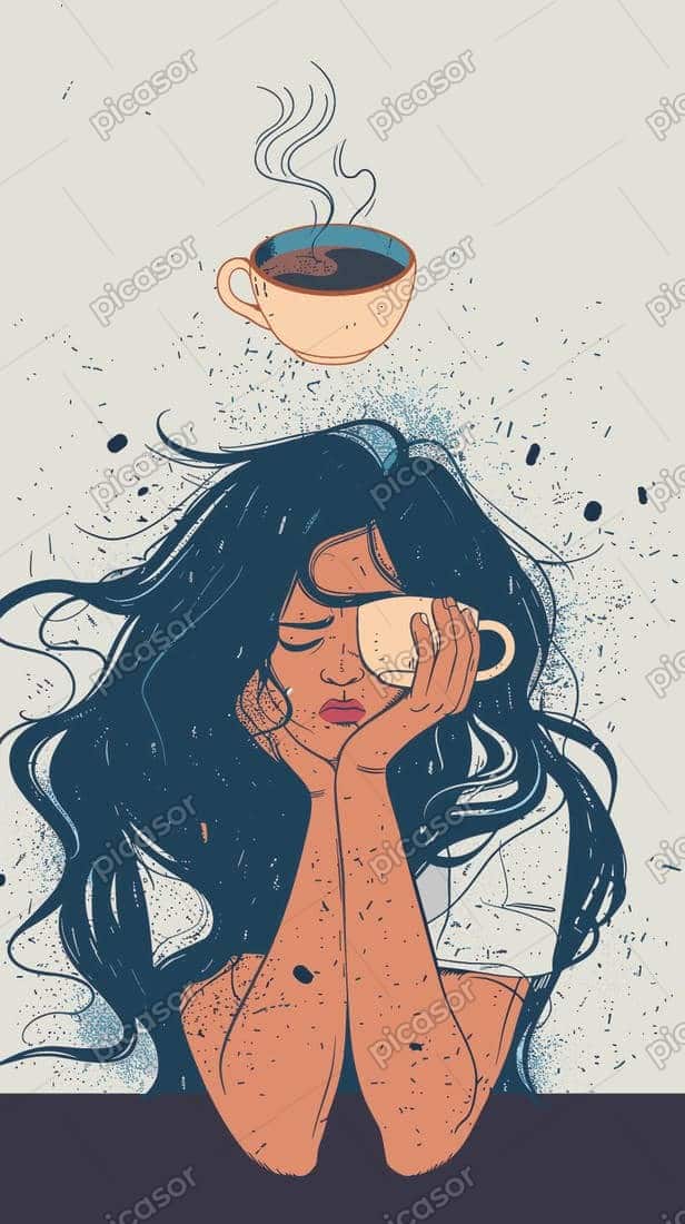 وکتور دختر خسته با فنجان قهوه - وکتور روانشناسی وکتور دختر خسته با فنجان قهوه - وکتور روانشناسی