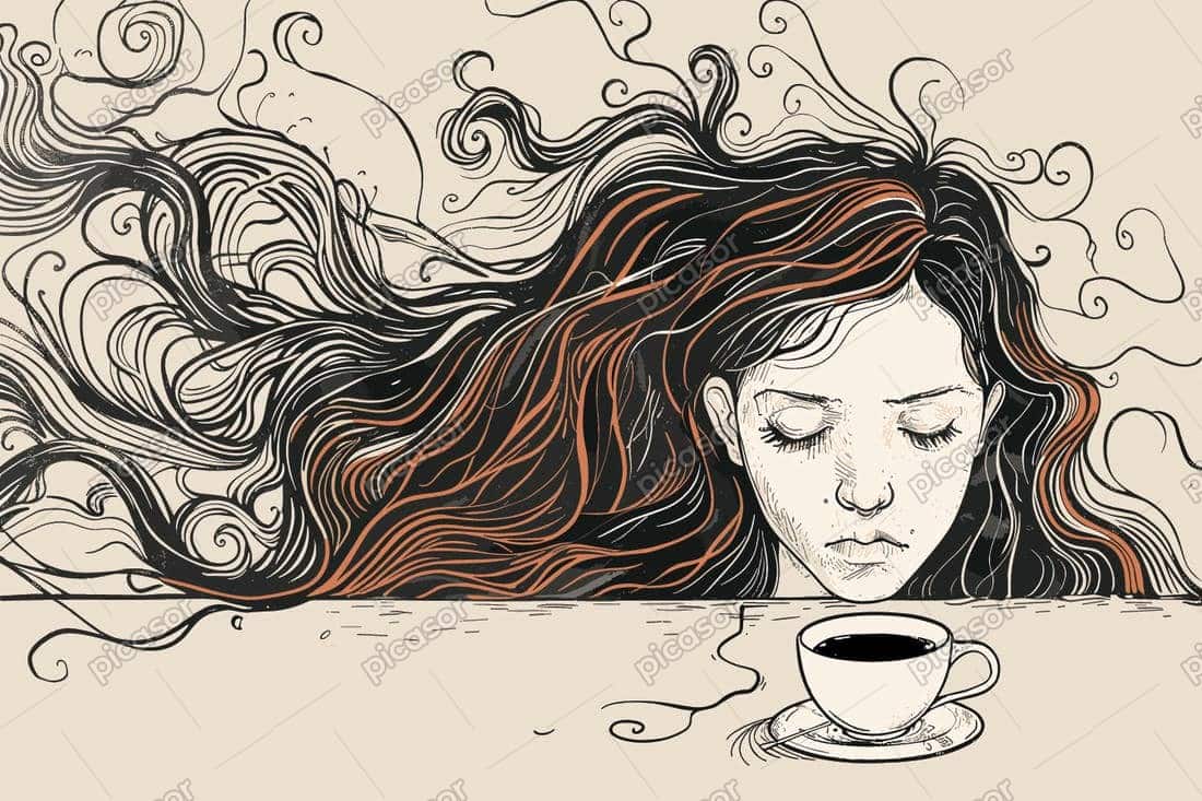 وکتور دختر خسته و بی حوصله با فنجان قهوه روی میز - وکتور روانشناسی وکتور دختر خسته و بی حوصله با فنجان قهوه روی میز - وکتور روانشناسی