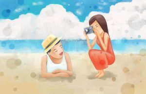 وکتور نقاشی آبرنگی عکاسی در ساحل - وکتور زوج گردشگر در کنار دریا