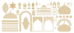 35 وکتور مسجد و گنبد مسجد و درب مشبک مسجد و فانوس اسلامی ستاره و قاب مذهبی